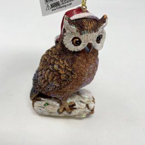 Kurt S. Adler Owl Wearing A Santa Hat Sitting On A Log Christmas Tree Ornament